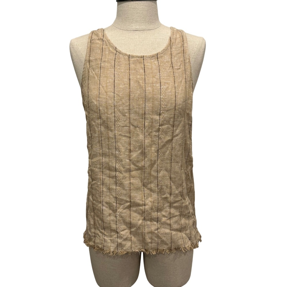 Drew Womens Linen Blend Pinstripe Fringe Hem Tank Top Tan Beige Size L 634
